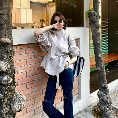 ARTME瓜瓜 复古高腰微喇牛仔裤女春季休闲通勤显瘦弹力直筒长裤