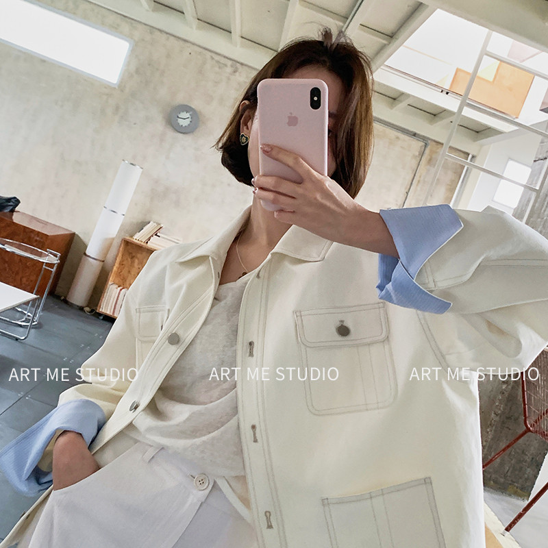 ARTME瓜瓜日系设计感翻领工装撞色廓形外套女春宽松上衣w10107h2r