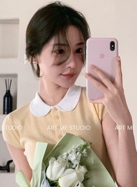 ARTME瓜瓜 元气拼色polo韩系学院派撞色修身针织衫娃娃领减龄短袖
