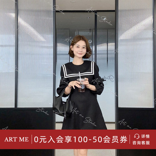 ARTME瓜瓜100亚麻海军领连衣裙