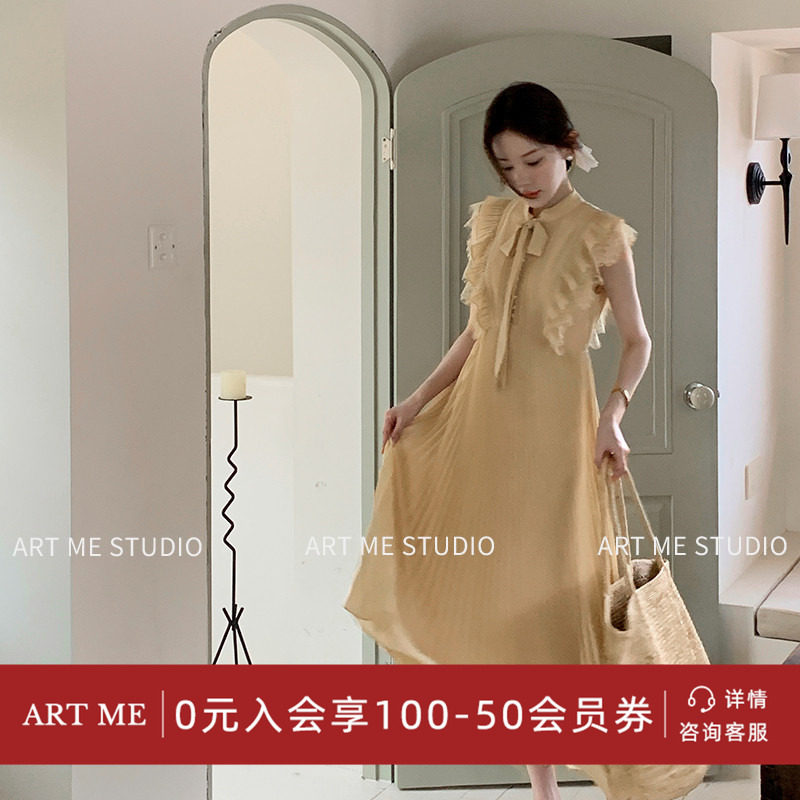 ARTME瓜瓜 荷叶边蕾丝拼接蝴蝶系带连衣裙女夏季氛围感气质长裙 - 实物图
