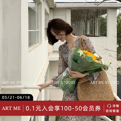 ARTME瓜瓜 温柔风V领灯笼袖收腰连衣裙女春季不规则波浪下摆裙子