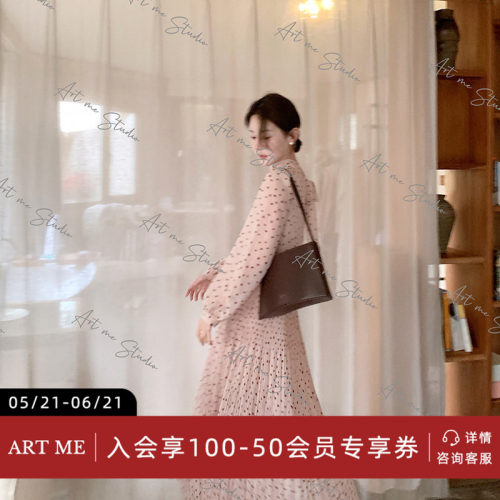 ARTME瓜瓜 复古波点浪漫唯美系带两色套装女夏季灯笼袖高腰百褶裙