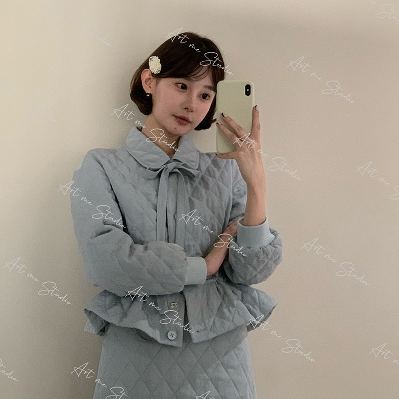 蝴蝶领结学院风收腰两色套装