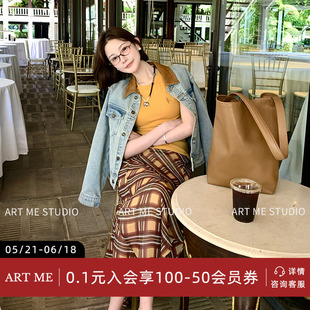 ARTME瓜瓜 复古水洗做旧翻领拼接牛仔外套女春季休闲宽松纯棉夹克