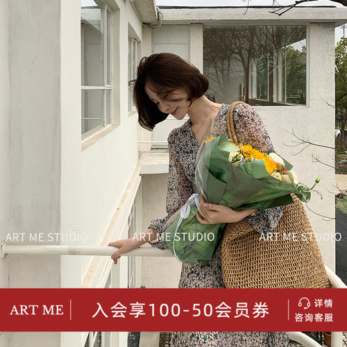 ARTME瓜瓜 温柔风V领灯笼袖收腰连衣裙女春季不规则波浪下摆裙子