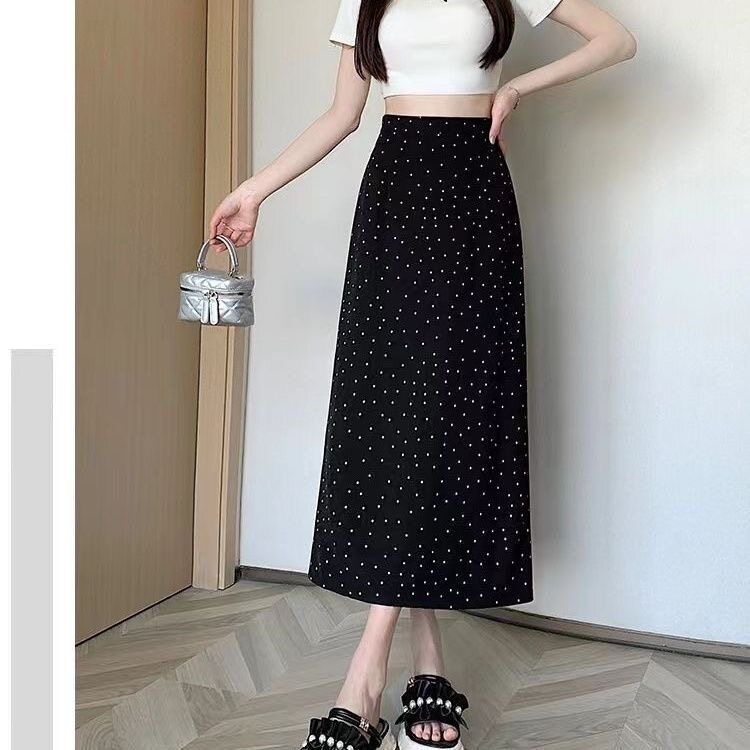 带口袋复古波点半身裙女夏季后开叉高腰百搭显瘦中长款包臀黑色