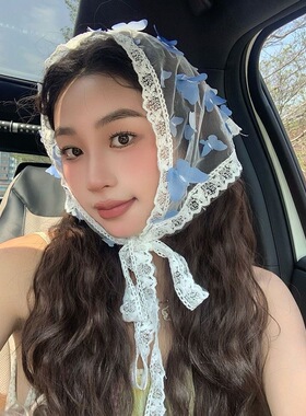 超仙百搭蝴蝶蕾丝三角巾氛围感拍照春夏头巾海边度假包头丝巾发带