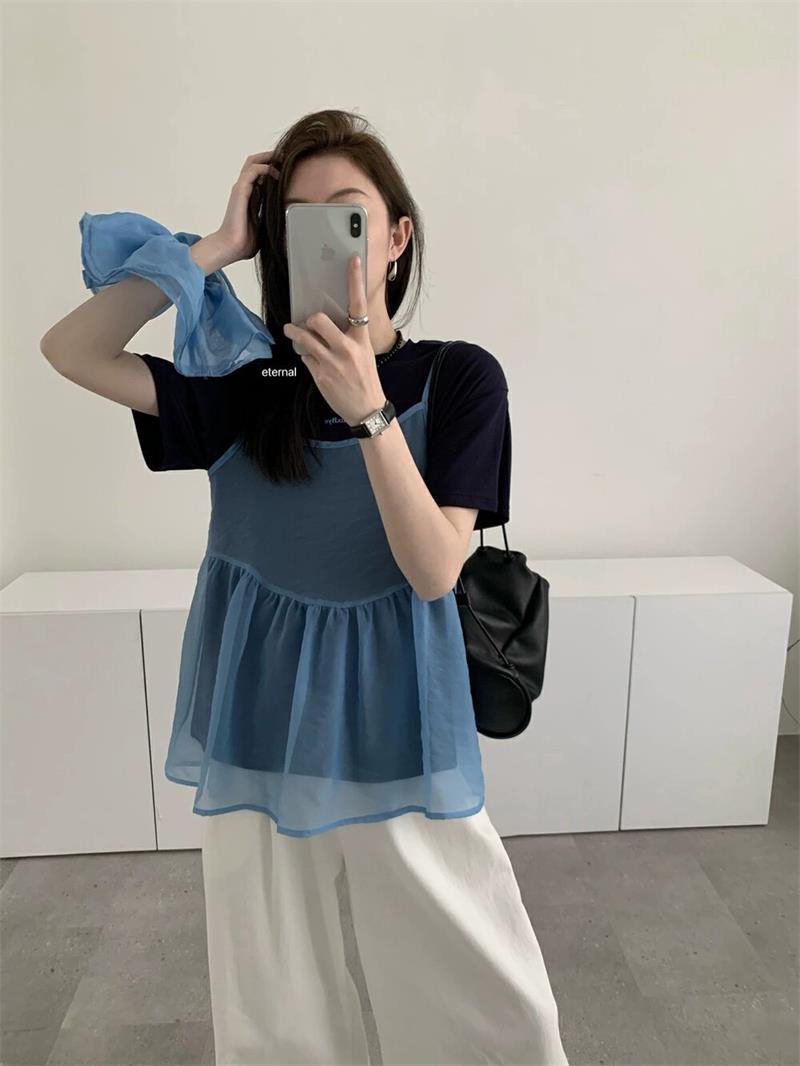 韩系甜美叠穿欧根纱吊带背心印花短袖叠穿吊带背心糖果色背心女
