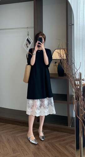 韩系夏季设计感蕾丝叠穿连衣裙女宽松大码假两件t恤过膝长款长裙