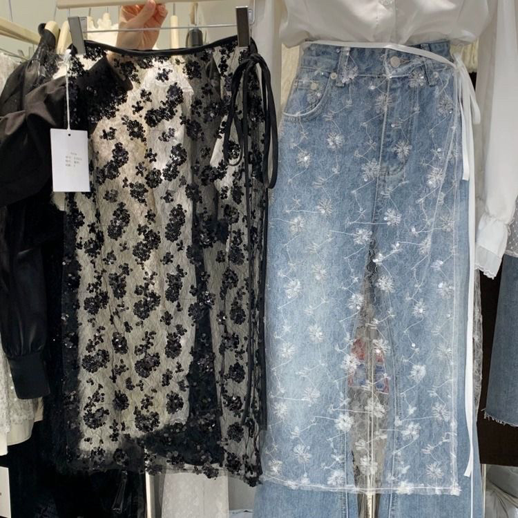 韩国东大门亮片半身裙女夏季新款透视一片式系带围裙屁帘蕾丝裙罩