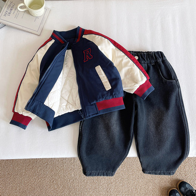 咪尔蒙冬季新款童装儿童撞色字母夹克男童夹棉棒球服三防外套