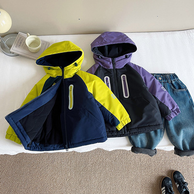 咪尔蒙2025冬季新款童装儿童韩版撞色保暖冲锋衣男童帅气连帽棉服