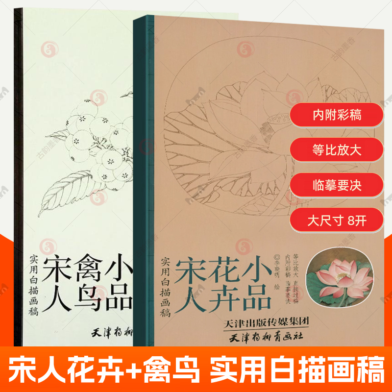 2册 宋人花卉禽鸟小品 实用白描画稿放大版 大尺寸8开 李晓明工笔花鸟画底稿技法步骤详解国画宋代画临摹画册线描彩稿 杨柳青画社