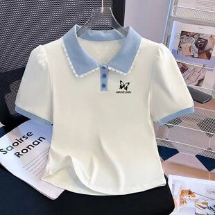 女童蕾丝边撞色翻领POLO衫短袖正肩T恤夏初高中学生修身短款上衣