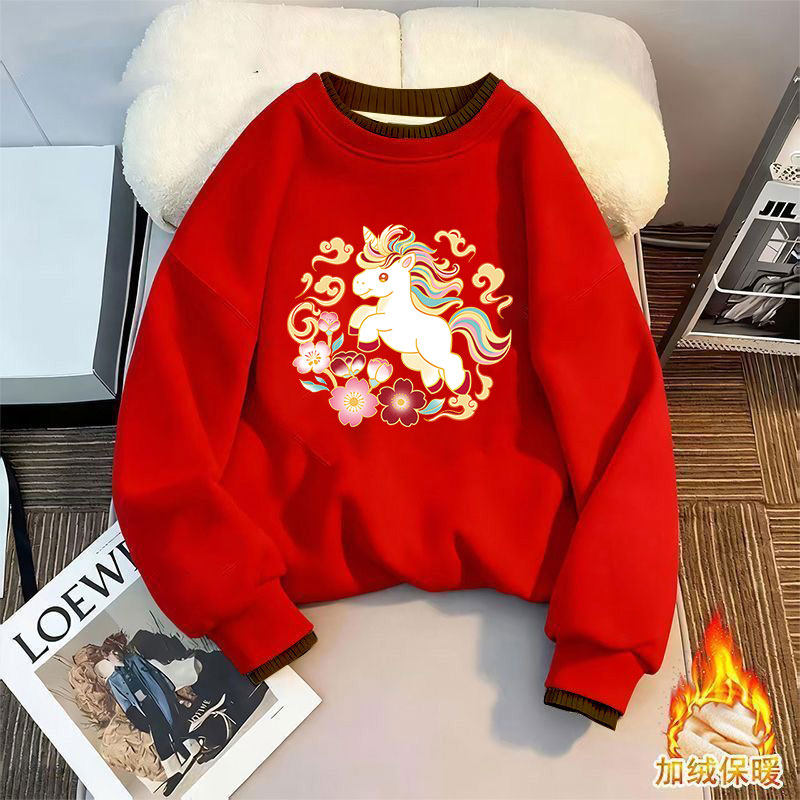 女童加绒卫衣秋冬季2026新款洋气儿童超好看冬装女宝宝红色过年服