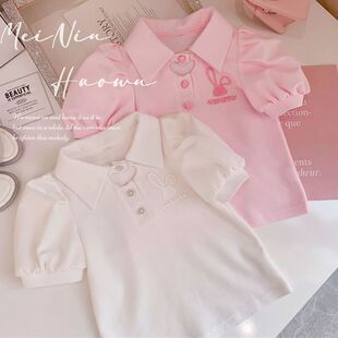 女童短袖T恤夏季洋气儿童装时尚POLO衫小女孩学院风泡泡袖上衣潮