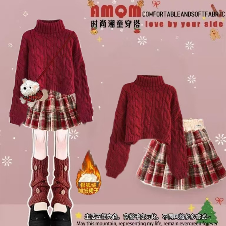女童连衣裙子冬装2026新款超好看的女大童学院风过年红色毛衣套装