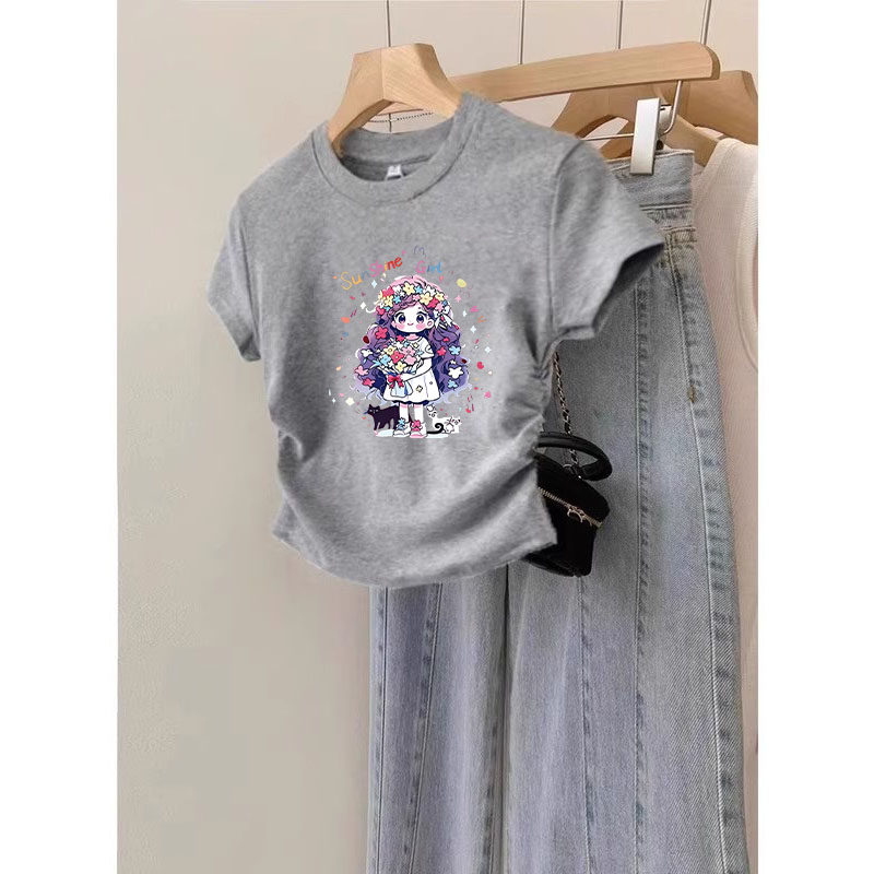 女童修身时髦短袖T恤夏装大儿童洋气女孩宝宝褶皱短款上衣服