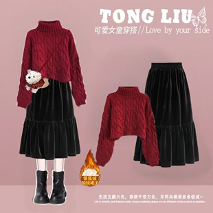 女童新年服装冬季穿搭一整套高级感大童初中生千金感连衣裙套装女