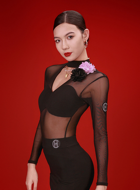 皇朝舞蹈拉丁舞服长袖网纱性感上衣女成人秋冬新款DS1061+DX2053