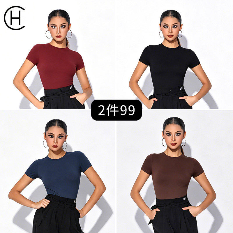 皇朝舞蹈拉丁舞服纯色塑形弹力短袖T恤女新款显瘦上衣练习服A6447