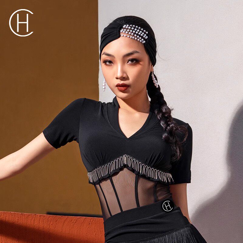 HC&middot;DANCE拉丁舞服连体上衣女新款网纱V领国标练功服舞衣DS017