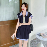 卡其色条纹拼接套装女2024新款小个子休闲衬衫无袖上衣短裤两件套，女装套装/套裙，2C280