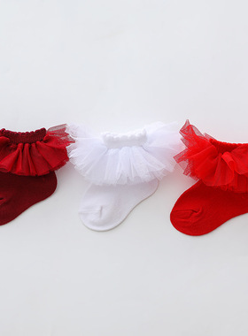 女宝漂亮酒红色棉袜百搭周岁生日蕾丝红袜子春节新生儿婴幼儿花边