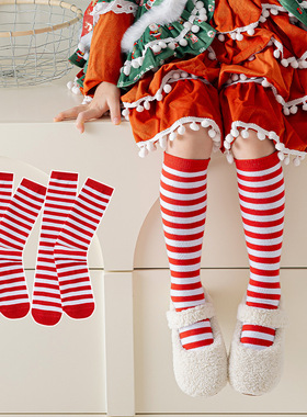 女童红白条纹长筒袜儿童圣诞演出中筒袜时尚中高筒袜子元旦六一潮