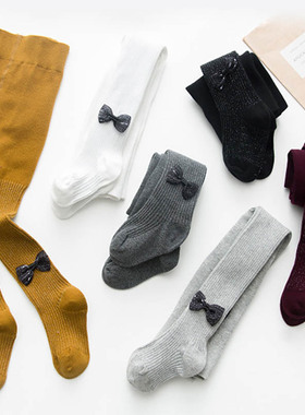 女童春季连裤袜女宝宝蝴蝶结连脚打底裤酒红姜黄色百搭公主周岁袜