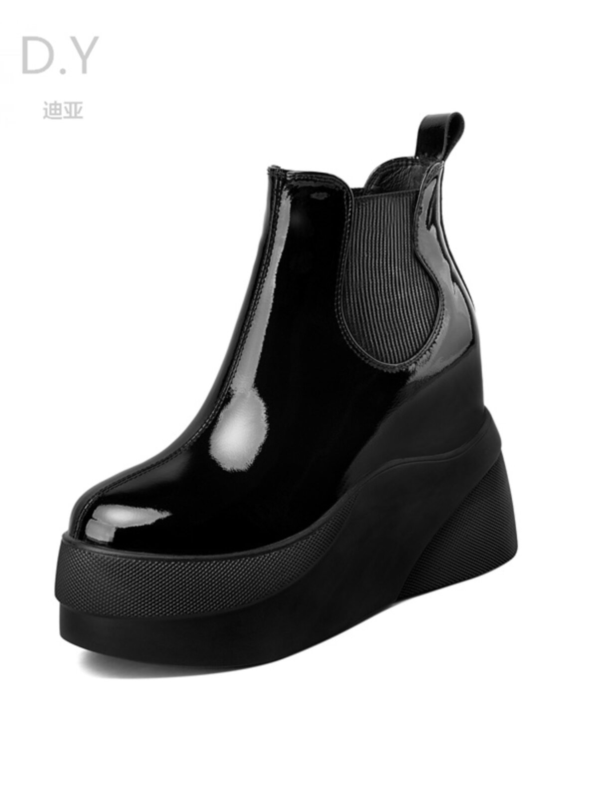 EUROPEAN LEG PATENT LEATHER INNER HEIGHTENED BOOTIES WOMENS AUTUMN AND WINTER SHORT NUDE BOOTS FLATFORM THICK-SOLED MARTIN BOOTS CIGARETTE TUBES CHELSEA BOOTS
