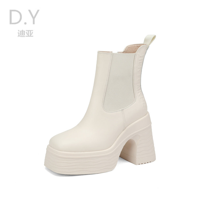 11CM HIGH HEEL CHELSEA BOOTS WOMENS AUTUMN AND WINTER SQUARE TOE THICK SOLE LEATHER SHORT TUBE SKINNY PIPE BOOTS BLOCK HEEL MARTIN BOOTS