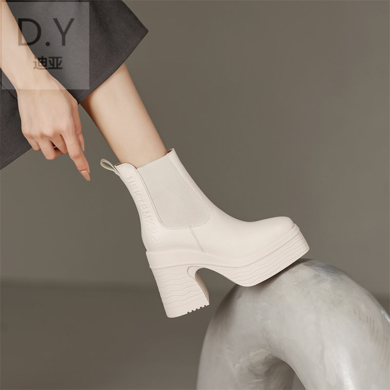 11CM HIGH HEEL CHELSEA BOOTS WOMENS AUTUMN AND WINTER SQUARE TOE THICK SOLE LEATHER SHORT TUBE SKINNY PIPE BOOTS BLOCK HEEL MARTIN BOOTS