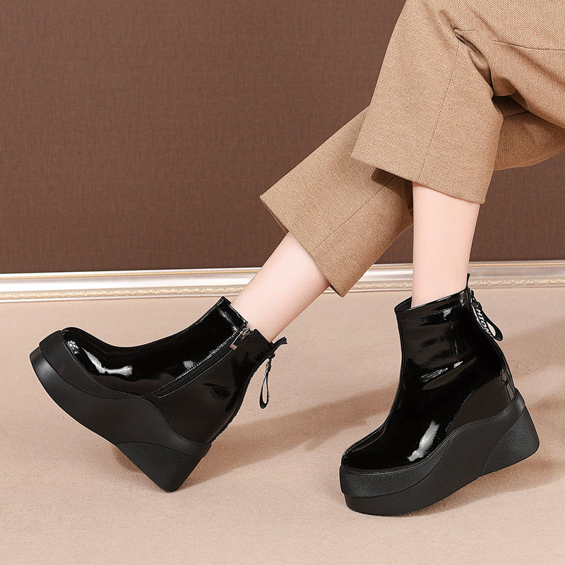 PATENT LEATHER MARTIN BOOTS WOMENS BRITISH STYLE SHORT BOOTS FALL|WINTER 2024 SINGLE BOOTS PLATFORM SOLED CHIMNEY BOOTS INNER HEIGHTENED CHELSEA BOOTS