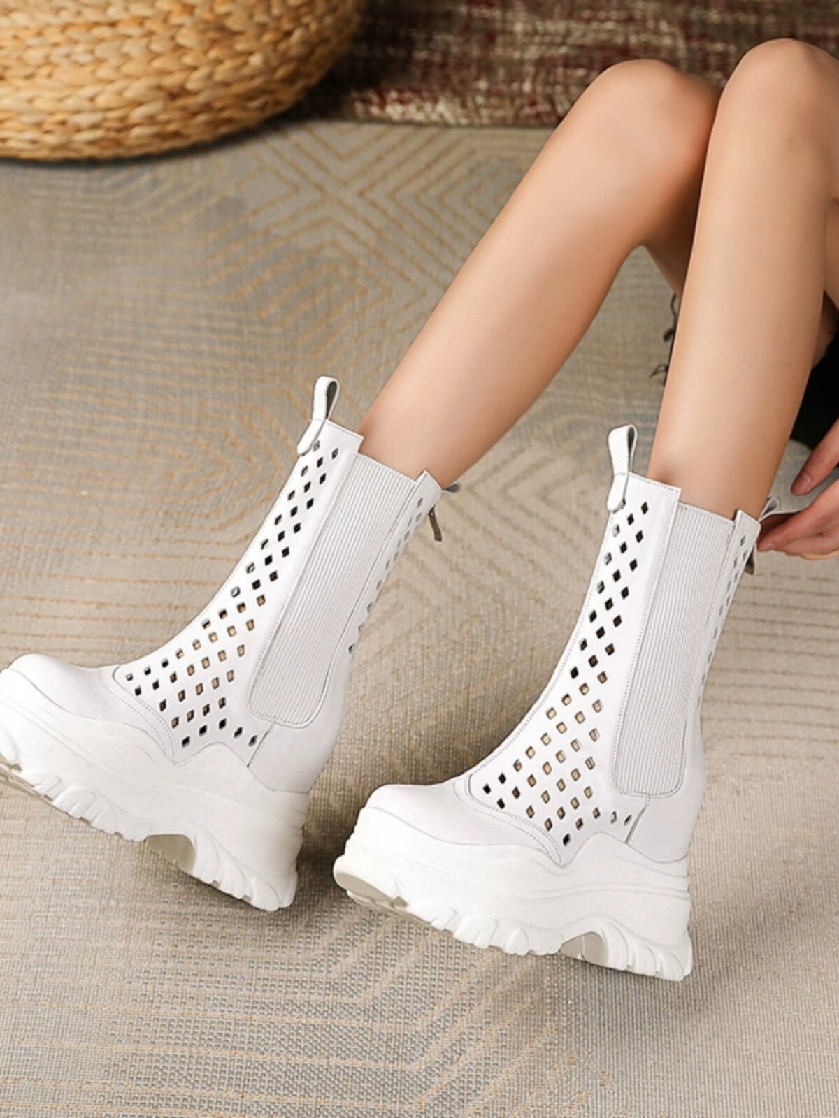 12CM INNER HEIGHTENED CHELSEA BOOTS WOMENS SUMMER 2024 THIN LEATHER PLATFORM FLATFORM HIGH HEEL CASUAL CUT-OUT BOOTS