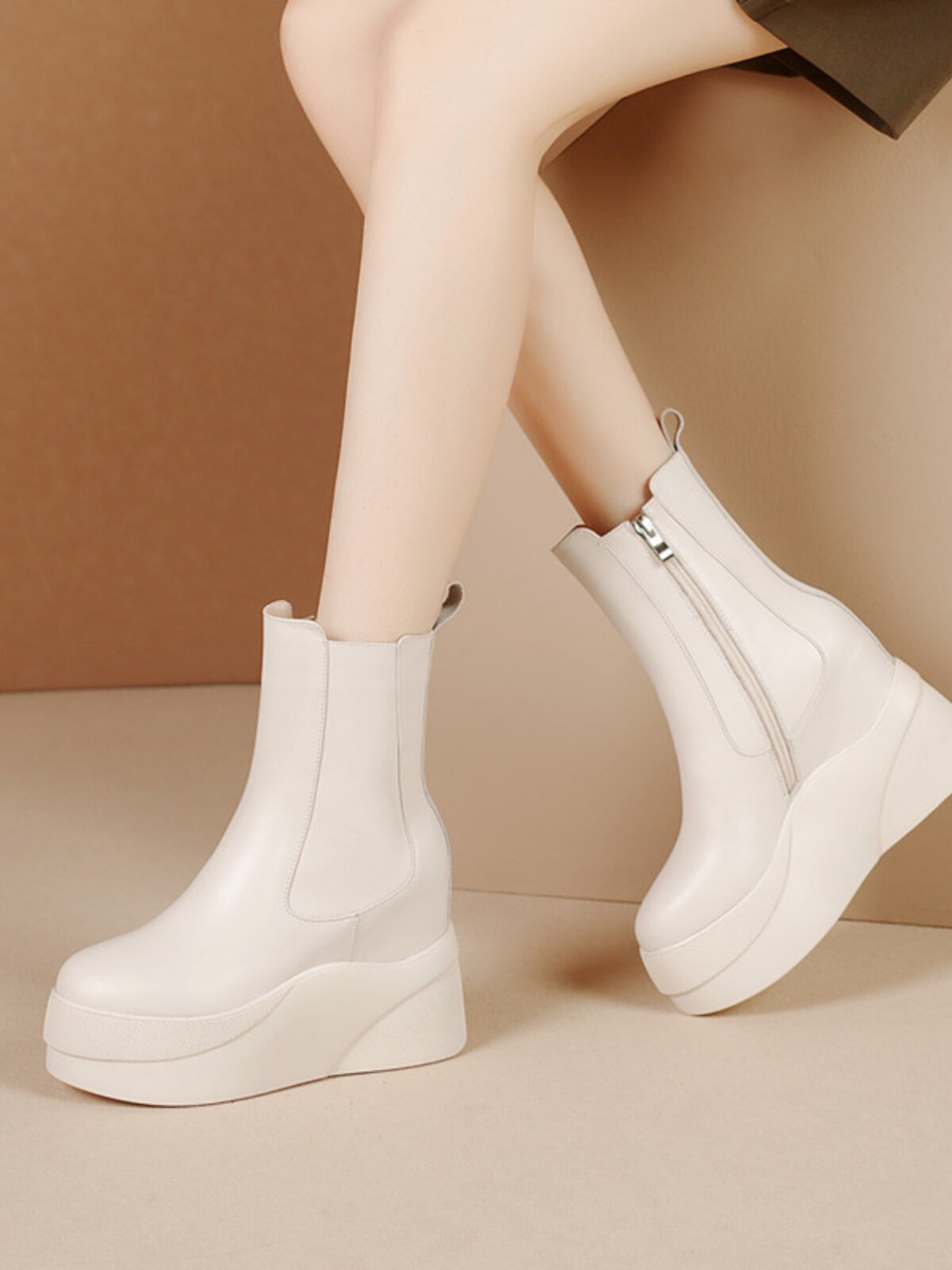 9CM FLATFORM THICK-SOLE INNER HEIGHTENED MARTIN BOOTS FEMALE GENUINE LEATHER SINGLE BOOTS CASUAL SHORT CHELSEA BOOTIES CHIMNEY BOOTS