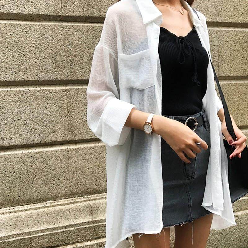 七分袖防晒雪纺衫很仙上衣女夏季韩版港风中长款薄款白色衬衫外套在类目 女装/女士精品, 衬衫中 - 来自Buy2taobao.com提供专业的淘宝代购服务