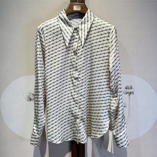 真丝弹力缎尖领全开襟长袖印花通勤百搭衬衫桑蚕丝28-5-1