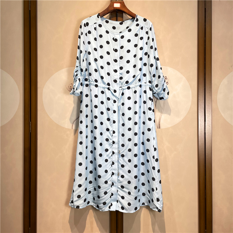 真丝双层波点圆领七分袖时尚连衣裙桑蚕丝气质中长A字裙女3-2-1