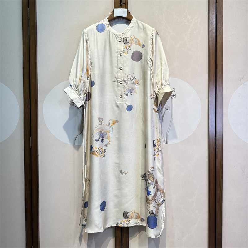 真丝斜纹绸印花本布包扣圆领七分袖百搭时尚桑蚕丝直筒连衣裙