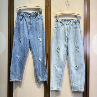 新款牛仔裤牛仔棉聚酯混纺破洞小脚裤百搭时尚显瘦长裤女39-1-