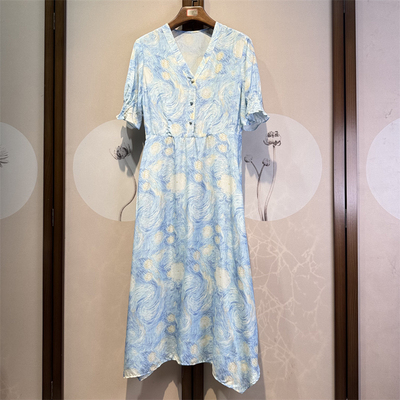 真丝双绉通勤V领短袖连衣裙桑蚕丝气质收腰亲肤A字裙女5-3-7