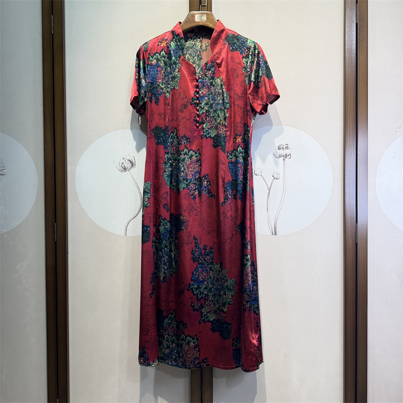 真丝弹力缎时尚印花V领短袖桑蚕丝百搭气质修身侧拉链连衣裙5-2-1