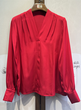 真丝弹力双乔简约纯色V领长袖套头桑蚕丝百搭气质时尚上衣28-1-4