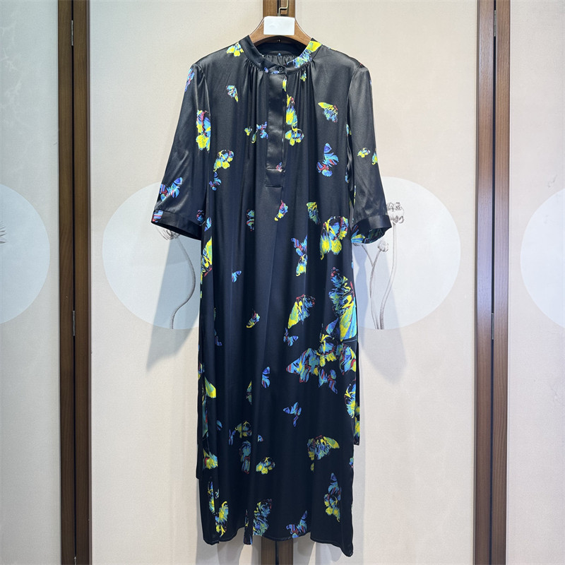 真丝弹力缎时尚印花圆领七分袖亲肤气质桑蚕丝直筒连衣裙女5-5-3