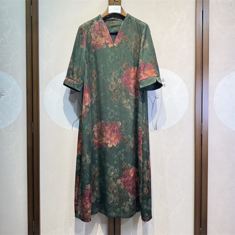 真丝香云纱提花花萝百搭气质宽松V领七分袖连衣裙桑蚕丝7-3-5