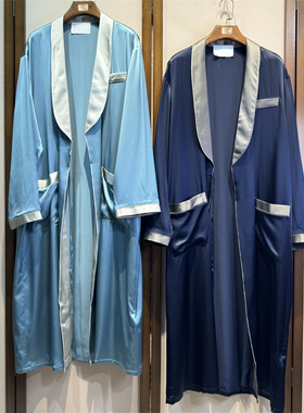 礼盒包装重磅28姆米素绉真丝男士拼色睡袍桑蚕丝一片式睡衣10040