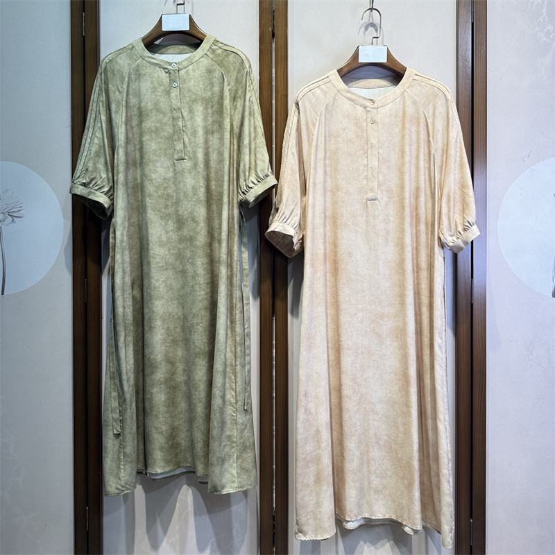 真丝绢纺圆领落肩七分袖桑蚕丝宽松休闲直筒系带连衣裙女4-1-3