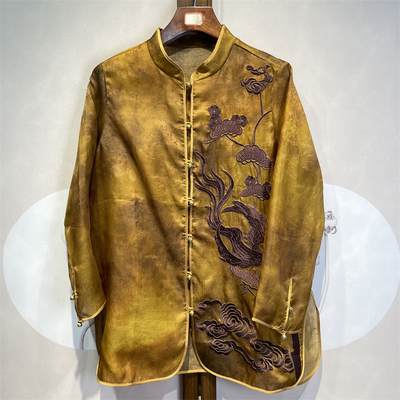 新中式真丝欧根缎刺绣手工长袖上衣立领百搭气质外套上衣14-3-5